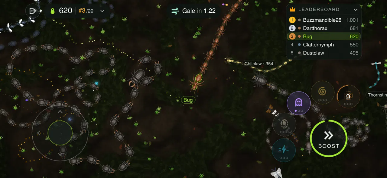 Gameplay: the player's ant winds across dark soil past long trains of beetles, with the leaderboard at the top right, a Gale on its way at the top, and the power-up and Boost buttons at the bottom right.