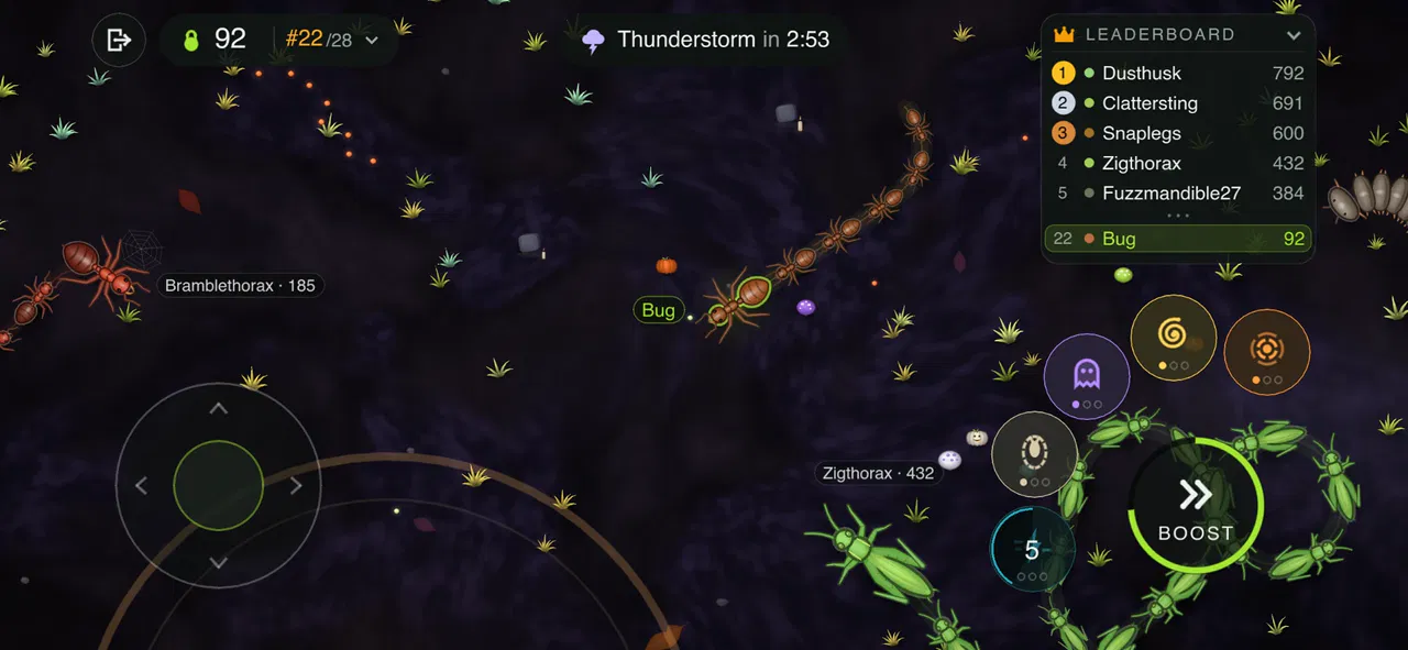 Gameplay at night among pumpkins and gravestones: the player's ant between a red ant and a train of green grasshoppers, with a Thunderstorm on its way and the leaderboard showing the player in 22nd place.