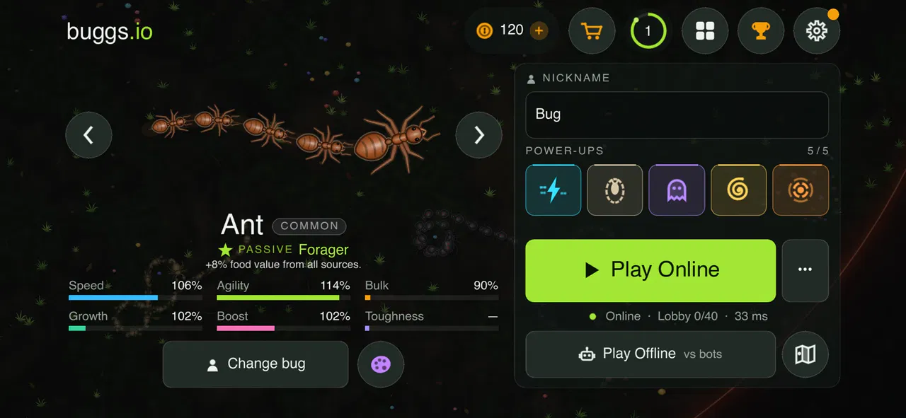 The main menu: the Ant with its stats and its Forager passive, the nickname field, five equipped power-ups, and the Play Online and Play Offline buttons.